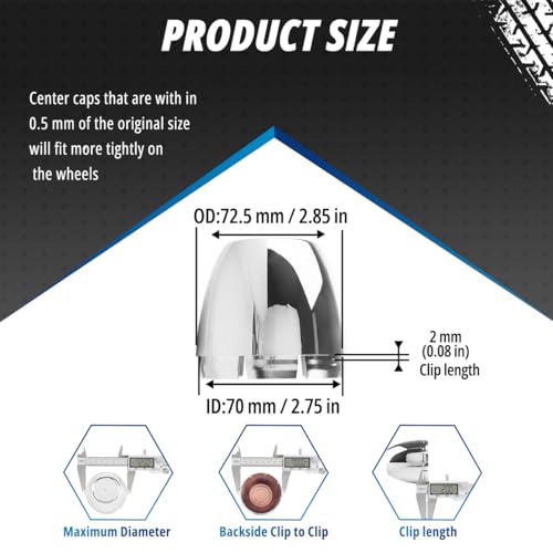 4 Pack Wheel Center Caps Kit for 2.75" 2-3/4", OD 72.5 mm / 2.85 inch ID 70 mm / 2.75 inch hub caps, Snap-in Black ABS-Plastic Rim Covers - color: chome