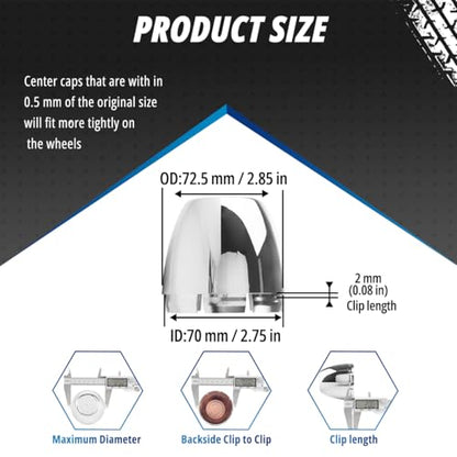 4 Pack Wheel Center Caps Kit for 2.75" 2-3/4", OD 72.5 mm / 2.85 inch ID 70 mm / 2.75 inch hub caps, Snap-in Black ABS-Plastic Rim Covers - color: chome