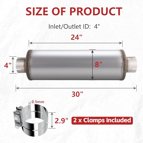 LCGP 4" Exhaust Muffler&Clamp, 4'' Inlet & Outlet, 8" x 24" Body 30" Overall Length Universal Resonator, Performance Straight Through Slotting Design Welded on Exhaust Tip, Stainless Steel Mufflers - size: 4" Inlet 30" Overall Length(8" wide)