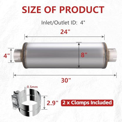 LCGP 4" Exhaust Muffler&Clamp, 4'' Inlet & Outlet, 8" x 24" Body 30" Overall Length Universal Resonator, Performance Straight Through Slotting Design Welded on Exhaust Tip, Stainless Steel Mufflers - size: 4" Inlet 30" Overall Length(8" wide)