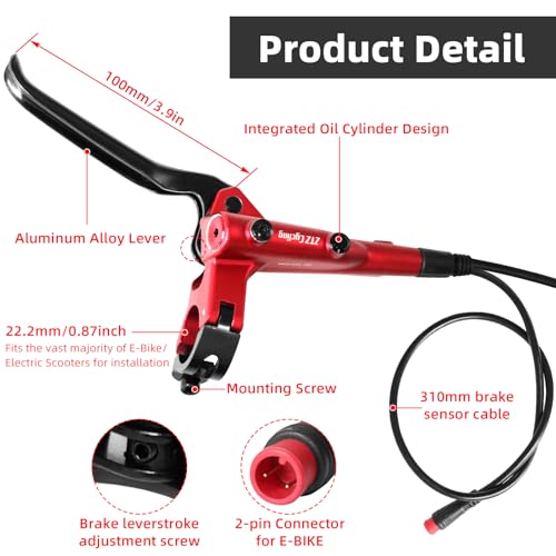 E-Bike Hydraulic Disc Brake Set, 2-PIN 2-Pistons Electric Power-Off Hydraulic Brakes Set, Left Front 950mm Right Rear 1880mm Pre-Bled with Mineral Oil Brakes Kit for eBike, MTB, Scooters - color: Red