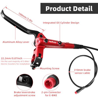 E-Bike Hydraulic Disc Brake Set, 2-PIN 2-Pistons Electric Power-Off Hydraulic Brakes Set, Left Front 950mm Right Rear 1880mm Pre-Bled with Mineral Oil Brakes Kit for eBike, MTB, Scooters - color: Red