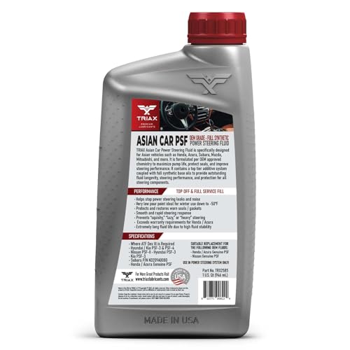 TRIAX Asian Car PSF Hydraulic & Electric Full Synthetic OEM Grade Power Steering Fluid | Compatible with Honda, Acura, Toyota, Lexus, Nissan, Infiniti, Mazda, Hyundai, Kia & More (1 Quart) - size: 1 Quart
