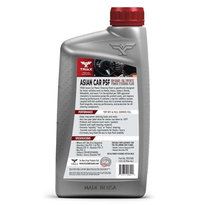 TRIAX Asian Car PSF Hydraulic & Electric Full Synthetic OEM Grade Power Steering Fluid | Compatible with Honda, Acura, Toyota, Lexus, Nissan, Infiniti, Mazda, Hyundai, Kia & More (1 Quart) - size: 1 Quart
