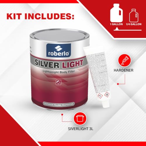 Roberlo Silver Light Multipurpose Body Filler - Superior Filling Properties, Easy Sanding, Great Adhesion to All Metal, Tack & Stain Free, Saves Time & Labor, Ideal for Heavy Fill Jobs, Smooth Texture - size: 3 Liter (Pack of 1)