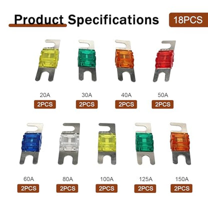 18 PCS Mini ANL Blade Fuse, 20A, 30A, 40A, 50A, 60A, 80A, 100A, 125A, 150A Automotive Electrical Fuse, Multi-Colored Car Truck Video Electronic System Fuse Replacement Kit (Multicolored)