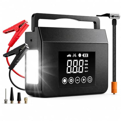Tire Inflator Portable Air Compressor 150PSI, Jump Starter for All Gas/8.0L Diesel 4000A & 12V DC, Road Trip Essentials for Men and Women