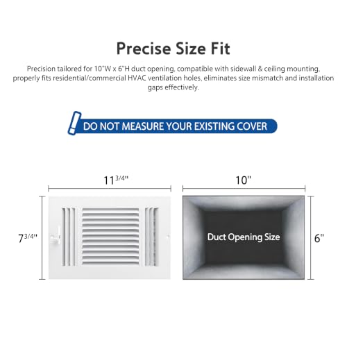 Steel Return Air Grille, Fits Universal Duct Opening, White HVAC Cold Air Intake Vent Cover for Sidewall & Ceiling, Stamped Durable Steel Outer Dimensions for Ventilation (10" W x 6" H)