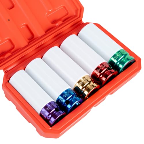1/2" Drive Wheel Protector Impact Socket, Metric 15-17-19-21-22 mm (5 PCS) - size: 1/2" Color Impact Sockets 5pcs