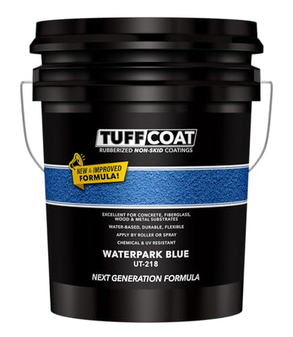 Tuff Coat Medium Texture Rubberized Non-Skid Deck Coating – Textured Non-Slip Safety Surface for Pool Decks, Docks, Boat Ramps, Patios, Walkways & High-Traffic Areas (UT-218 Waterpark Blue-5-gallon) - color: Waterpark Blue, size: 640 Fl Oz (Pack of 1)