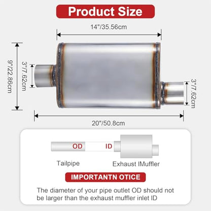 Exhaust Muffler 3" Inlet/Outlet, Universal Muffler for Cars Trucks, Stainless Steel Straight-Through Chamber Performance, 20" Overall Length - size: 3" Inlet/Outlet+ 20" Overall Length