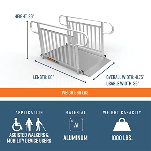 EZ-ACCESS - Portable Wheelchair Ramp and Aluminum Ramp with Handrails - Heavy Duty Mobility Device, Handicap Ramp with Solid Surface for Steps, and Vertical Picket Handrails - 3G 5-Foot, Silver - size: 60 Inch (Pack of 1), style: Ramp + vertical picket ra