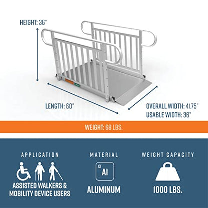 EZ-ACCESS - Portable Wheelchair Ramp and Aluminum Ramp with Handrails - Heavy Duty Mobility Device, Handicap Ramp with Solid Surface for Steps, and Vertical Picket Handrails - 3G 5-Foot, Silver - size: 60 Inch (Pack of 1), style: Ramp + vertical picket ra