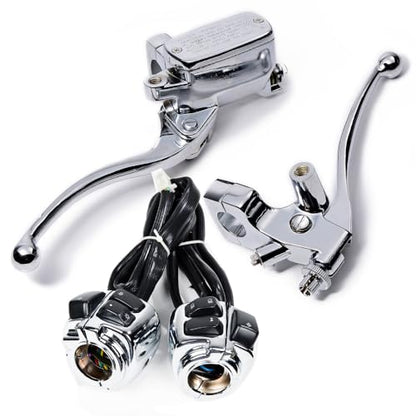 Motorcycle 1" Handlebar Clutch Lever Hydraulic Brake Master Cylinder + Control Switches Wiring Harness Chrome Kit for 1996-2012 Harley Softail Dyna Sportster V-Rod DC 12V