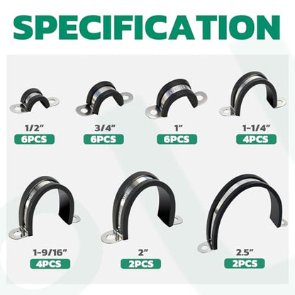 OURU 30PCS Pipe Strap Kit Fits 0.51"-2.52" OD, Rubber U Bracket,7 Sizes - size: 1/2"-2.5"