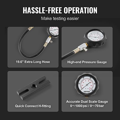 VEVOR Diesel Engine Compression Tester, 18 pcs Cylinder Pressure Test Tool Kit, with 0-1000 psi Gauge and Adapters, Diesel Injector Tester Check Cylinders in Diesel Trucks, Tractors, Equipment