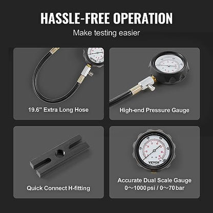 VEVOR Diesel Engine Compression Tester, 18 pcs Cylinder Pressure Test Tool Kit, with 0-1000 psi Gauge and Adapters, Diesel Injector Tester Check Cylinders in Diesel Trucks, Tractors, Equipment