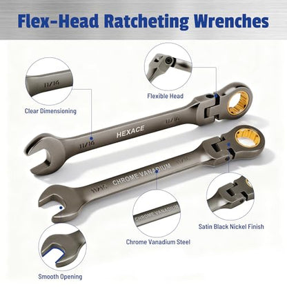 22 PCS Flex Head Ratcheting Wrench Set, 180° Flex Head, Metric & SAE
