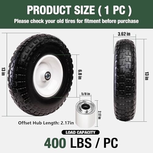 Taifa 1 PC 13 Inch Solid Flat Free Replacement Tires and Wheels 4.00-6 with 5/8'' Bearing and 2.17'' Offset Hub, Air Less Wheel for Wheelbarrow/Wagon/Hand Truck/Trolley/Garden Scooter etc. - color: 13x400-6PU-5/8'' Bearing-1 PC