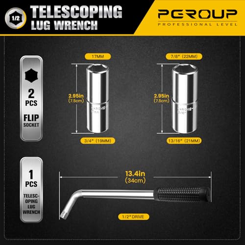 Telescoping Lug Wrench, Extended Lug Wheel Wrench with 17mm/19mm(3/4”), 21mm(13/16”)/22mm(7/8”) Chrome Vanadium Steel Sockets for Car, Truck, Vans