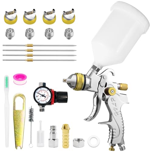 HVLP Spray Gun Kit with 1.4/1.7/2.0/2.5mm Nozzles & Air Pressure, Automotive Paint Gun Gravity Feed Air Spray Paint Gun for Cars, Furniture, DIY Painting Primer, Clear/Top Coat (Gold) - color: Gold