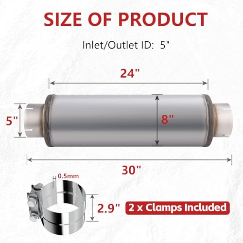 LCGP 5" Exhaust Muffler&Clamp, 5'' Inlet & Outlet, 8" x 24" Body 30" Overall Length Universal Resonator, Performance Straight Through Slotting Design Welded on Exhaust Tip, Stainless Steel Mufflers - size: 5" Inlet 30" Overall Length(8" wide)