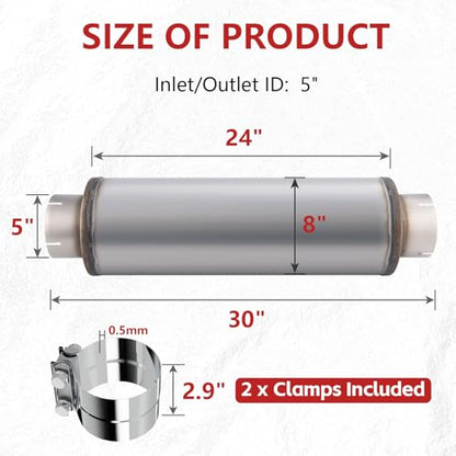 LCGP 5" Exhaust Muffler&Clamp, 5'' Inlet & Outlet, 8" x 24" Body 30" Overall Length Universal Resonator, Performance Straight Through Slotting Design Welded on Exhaust Tip, Stainless Steel Mufflers - size: 5" Inlet 30" Overall Length(8" wide)