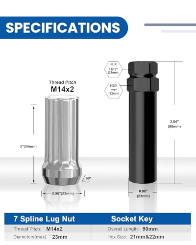 GAsupply 14x2 Lug Nuts Spline, 2" 50mm Tall, Conical Seat, 24PCS+ 1 Key - color: Silver, size: M14x2.0, style: 24 Pack- 2" Tall