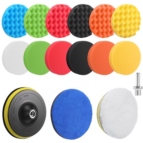16 Pieces Buffing Pads 6 Inch Car Polishing Pad Kit Foam Polish Pads Wax Buffer Polisher Attachment for Drill