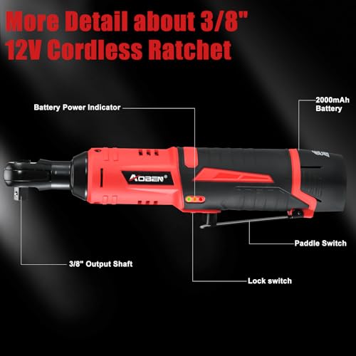 AOBEN Cordless Ratchet Wrench Kit,3/8" ratchet,40 Ft-lbs Electric Power Ratchet Set with Variable Speed Trigger,2 Packs 2000mAh Lithium-Ion Battery And Charger,83 Sockets - color: Apple Red