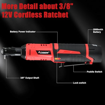 AOBEN Cordless Ratchet Wrench Kit,3/8" ratchet,40 Ft-lbs Electric Power Ratchet Set with Variable Speed Trigger,2 Packs 2000mAh Lithium-Ion Battery And Charger,83 Sockets - color: Apple Red