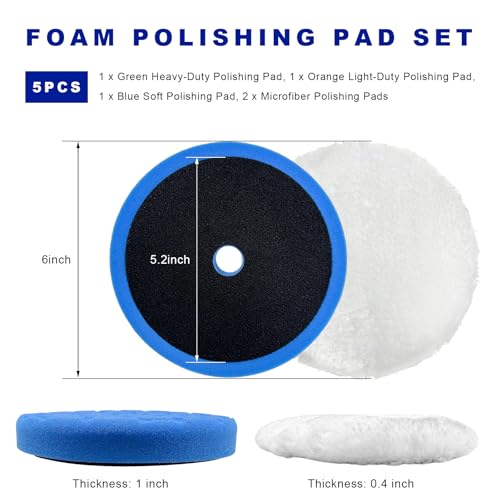 5PCS 6 Inch Polishing Pads, Heavy Duty Sponge & Soft Microfiber Hook and Loop Car Buffer Pad Set, 150mm Buffing Sponge Auto Detailing Wax Applicator Fits 5.5" Backing Plate