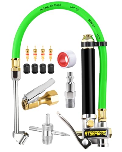ATsafepro Tire Inflator with Gauge-10-120PSI, 3-in-1 Inflate, Deflate & Measure, Dual-Head & Lock-On Chuck, Tire Pressure Gauge with Rubber Hose, Compatible with 1/4" NPT Air Compressor