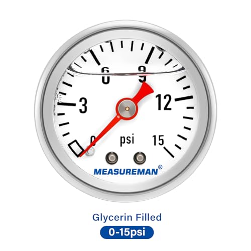 MEASUREMAN 1-1/2" Dial Size, Glycerin Filled Fuel Pressure Gauge, 304 Stainless Steel case, 0-15Psi, 3-2-3%, 1/8" NPT Back Mount - size: 0-15 psi, style: Back Mount