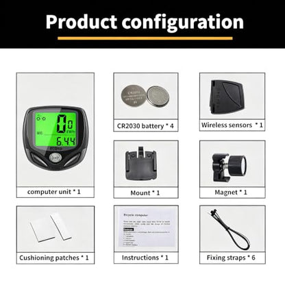 SOON GO Wireless Waterproof Bike Computer, Bicycle Speedometer Odometer with Large LCD Green Backlight, Auto Sleep & Wake-Up, Accurate Multi-Function Speed Tracker for Mountain, Road & Folding Bikes