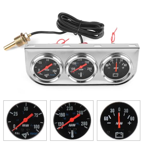 2" 52mm Car Triple Gauge Kit Set Chrome Panel Mechanical 3 in 1 Oil Pressure Gauge Fahrenheit Water Temperature Temp Gauge AMP Ammeter Gauges Meter Black Face