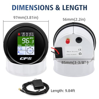 Boat GPS Speedometer Gauge 3-3/8" 85mm Waterpoof for Marine Car - color: Black