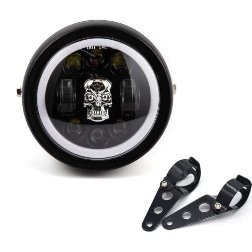 Motorcycle Headlight 5.75 inch Round LED with Mounting Brackets Assembly, Front Headlamp with DRL High/Low Beam for Cafe Racer E-bike Bobber Chopper (Style F) - style: Style F