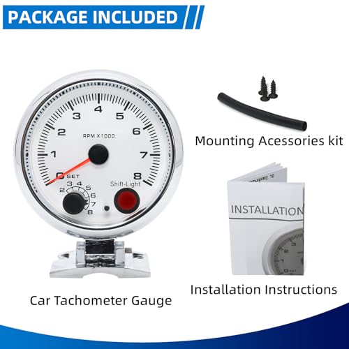 MH 3.75 inch (95mm) Tachometer with Shift Light, 8000 RPM Gauge, 7 Color Backlight Tach AUTO Gauge for 12V Car White Face - color: White