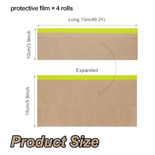 4 Rolls Pre-Taped Masking Paper for Painting, Tape and Drape Painters Paper, Paint Adhesive Protective Paper Roll for Covering Skirting, Door Frames, Cars (6 Inch x 50 Feet)