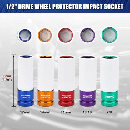 MIXPOWER 5 Pieces 1/2" Drive Wheel Protector Impact Socket Set, CR-MO, Metric/SAE, Thin Wall Deep Impact Socket Set, 6 Point, Color-Coded, 17mm, 19mm, 21mm, 13/16", 7/8" - size: 17 mm, 19 mm, 21 mm, 20.64 mm, 22.23 mm