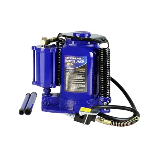 32 Ton Air Hydraulic Bottle Jack with Air-Powered or Manual Operation, One-Piece Hydraulic Cylinder Design, Air Bottle Jack with Independent Air Pump Body and Carry Handle - color: Blue, size: 32 Ton
