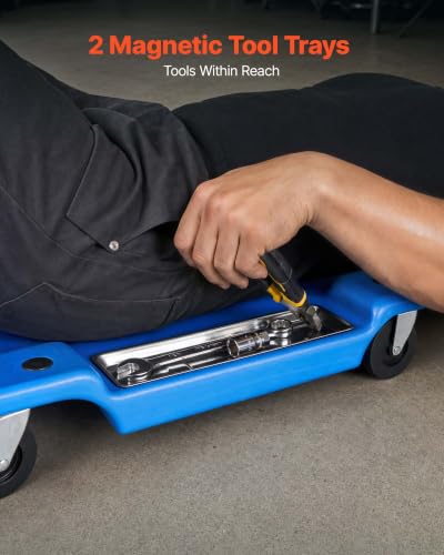 VEVOR 40 in Mechanic Creeper with LED Light, Low Profile Plastic Garage Creeper, 350 lbs Under Car Rolling Creeper with 6 Swivel Casters, Padded Headrest & Tool Trays for Auto Repair - color: Blue