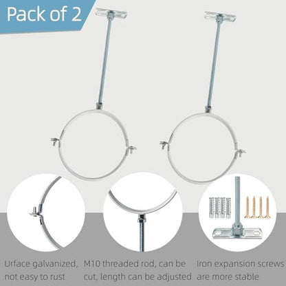 2 Sets 10 Inch Adjustable Pipe Hanger Strap，Heavy Duty Galvanized Iron Stove Pipe Bracket，Wall Support Chimney Pipe Holder，Round Split Ring Vent Conduit Carrier Kit，with All Mounting Screws