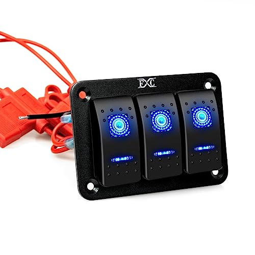 FXC Pre-Wired 3 Gang Rocker Switch Aluminum Panel with 40A Inline Fuse, Waterproof 6-Pin On-Off Car Boat Switch, Blue LED Switch Panel for Marine Boat Automotive RV Truck ATV Vehicles 12V/24V - style: 3 Gang