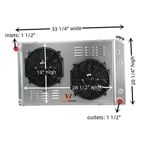 ALLOYWORKS 4 Row All Aluminum Radiator Shroud Fan Thermostat Kit for Chevy C/K/R/S/V/T Series Pickup Trucks Blazer Suburban Jimmy 1973-1991 Radiators, V8 Engine(19" Core, AT/MT, 2 X 12" Fan)