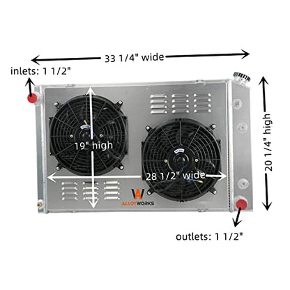 ALLOYWORKS 4 Row All Aluminum Radiator Shroud Fan Thermostat Kit for Chevy C/K/R/S/V/T Series Pickup Trucks Blazer Suburban Jimmy 1973-1991 Radiators, V8 Engine(19" Core, AT/MT, 2 X 12" Fan)