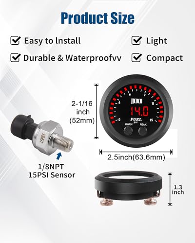 15PSI Fuel Pressure Gauge Kit with 1/8NPT Electronic Sensor and LED Digital Display Pressure Meter Mounting Bracket Ultra Thin for Car & Truck - 2-1/16" (52mm)