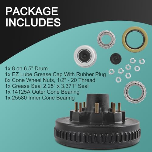 12"x 2" Trailer Brake Drum Kit 8 on 6.5" Replacement for 7000LBS Axle Hub Heavy Duty 8 Bolt Trailer Brake Hub Drum Assembly with 1/2"-20 Stud 25580, 14125A Drums 008-219-04-22004K