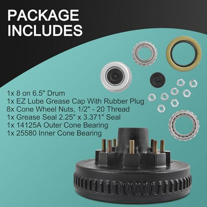 12"x 2" Trailer Brake Drum Kit 8 on 6.5" Replacement for 7000LBS Axle Hub Heavy Duty 8 Bolt Trailer Brake Hub Drum Assembly with 1/2"-20 Stud 25580, 14125A Drums 008-219-04-22004K
